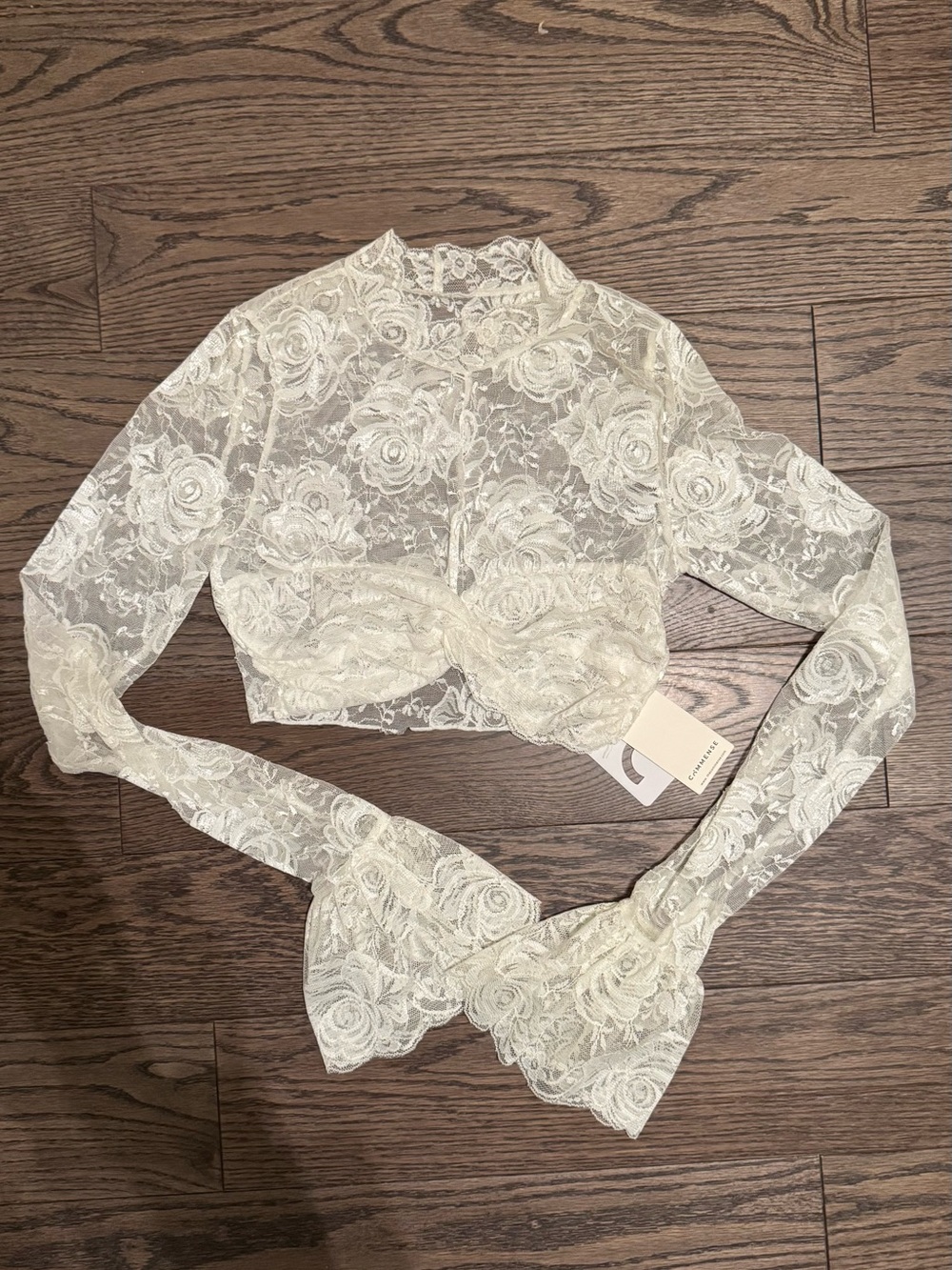 Commense Sheer Floral Lace Cropped Top in Ivory